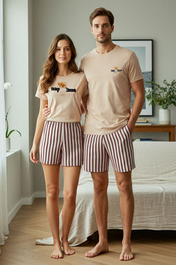TRENDYOL MAN Mavi Ekru Cizgili Regular Fit Couple/Cift Orme Sortlu %100 Pamuklu Pijama Tak?m? TMNSS24PT00017 - Trendyolmilla фото 26