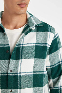 Фланелевая рубашка стандартного кроя с воротником поло и длинными рукавами в клетку - Defacto фото 5