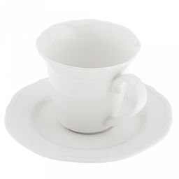 "Совершенство" Чашка фарфоровая 200мл, д8,9см h7,9см, с блюдцем д14,8см h1,5см, глянцевая глазурь, белый, рельефный декор, волнистый край (Китай)