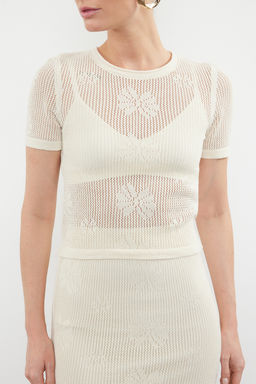 Ekru Ajurlu/Delikli Cicek Desenli Triko Alt-Ust Tak?m TWOSS24AU00146 - Trendyolmilla фото 4