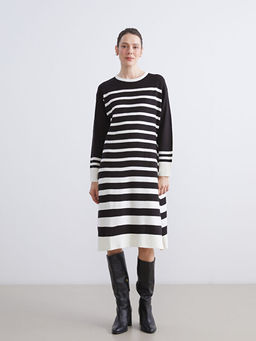 Bisiklet Yaka ?izgili Triko Elbise