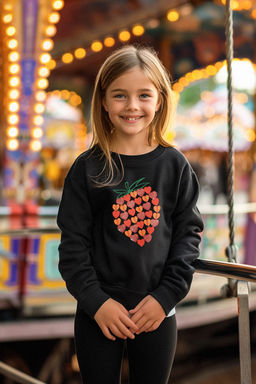 Siyah K?z Cocuk Mevsimlik-Ince Cilek Nak?sl? Bask?l? Orme Bisiklet Yaka Sweatshirt TKDAW25SW00001