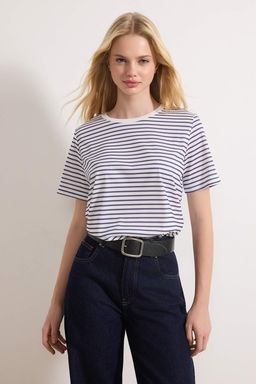 Lacivert-Gri Melanj-Ekru Cizgili 3lu Paket Basic Bisiklet Yaka Orme T-Shirt TWOSS20TS0146