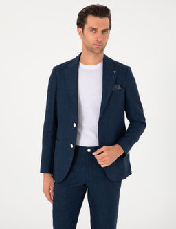 Lacivert Slim Fit %100 Keten Ceket