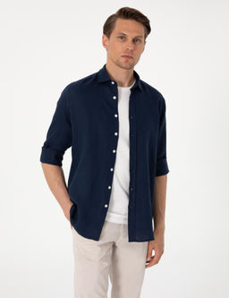 Lacivert %100 Keten Regular Fit Uzunkollu G_mlek