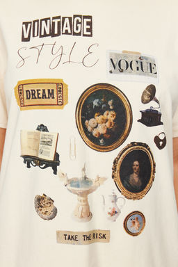 Tas %100 Kal?n Pamuklu Bask?l? Oversize Kal?p Bisiklet Yaka Orme T-Shirt TWOSS23TS00282