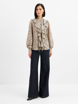 Блузка с отлетными рюшами OD-914-5 бежевый с черным