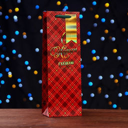 Пакет под бутылку подарочный С Новым годом , красная клетка, люкс 12 х 36 х 8,5см