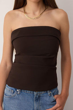 Kahverengi Straplez Fitted Drapeli Dokuma Bluz TWOSS24BZ00348