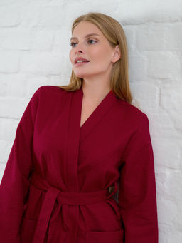 Женский вафельный халат с планкой бордовый В-02 (15)