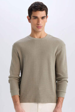 Regular Fit Bisiklet Yaka Uzun Kollu Waffle Tisort - Defacto фото 5