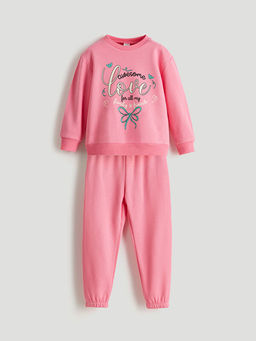 Bask?l? K?z ?ocuk Kal?n Sweatshirt ve E?ofman Alt 2li