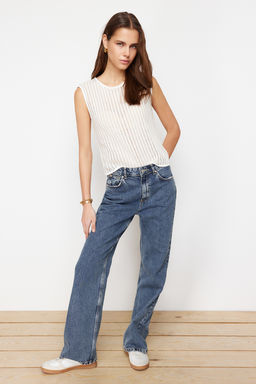 Ekru Triko Gorunumlu Bisiklet Yaka Regular/Normal Kal?p Orme Bluz TWOSS24BZ00504 - Trendyolmilla фото 2