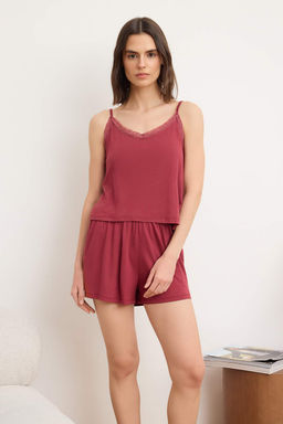 Trendyolmilla Siyah Dantelli Ip Ask?l? Viskon Sortlu Orme Pijama Tak?m? THMSS24PT00007  фото 12