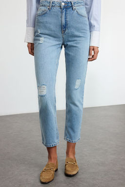 TRENDYOLMILLA Mavi Y?rt?k Detayl? Yuksek Bel Straight Jeans TWOSS22JE0431 фото 9
