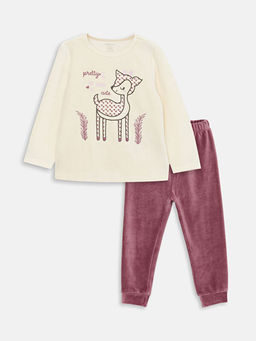 Bisiklet Yaka Uzun Kollu Bask?l? Kadife K?z Bebek Pijama Tak?m?