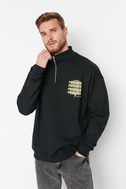 TRENDYOL MAN Siyah Oversize/Genis Kesim Fermuarl? Yaz? Bask?l? Ici Polar/S?cak Tutan Sweatshirt TMNAW23SW00017 - Trendyolmilla фото 7