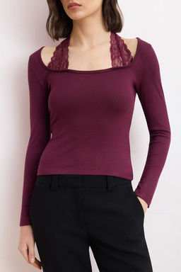 Bordo Fitted/Vucuda Oturan Havuz Yaka Uzun Kollu Yumusak Orme Bluz TWOSS26BZ00660