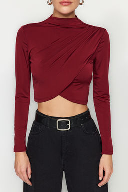 Bordo Dik Yaka Drapeli Vucuda Oturan Esnek Orme Crop Bluz TWOAW24BZ00164