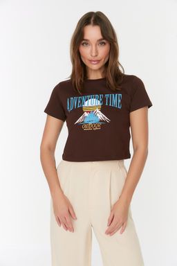 Kahverengi %100 Pamuk Bask?l? Basic Crop Bisiklet Yaka Orme T-Shirt TWOSS22TS2190 - Trendyolmilla фото 4