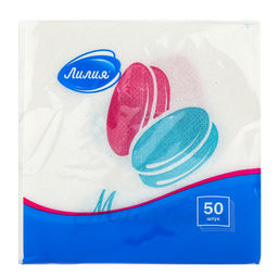 Салфетки бумажные 24х24см "Лилия", 1 слойные, 50 штук в упаковке, "Микс: Доброе утро + Макаронс" (Россия)