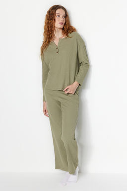 Trendyolmilla Yesil Waffle Tshirt-Pantolon Orme Pijama Tak?m? THMAW24PT00126