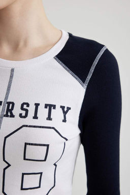 Кружевная футболка с длинными рукавами и круглым вырезом в рубчик с принтом - Defacto фото 8