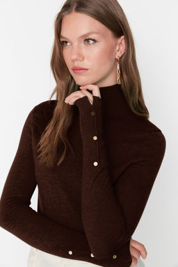 Kahverengi Merserize Gorunumlu Premium Iplik / Ozel Iplik Basic Triko Kazak TWOAW23KZ01514