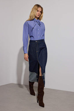 Limited Edition Koyu Mavi Asimetrik Kapama Midi Denim Etek TWOAW26ET00063 - Trendyolmilla фото 2