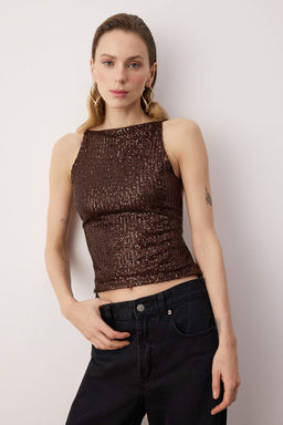 Kahverengi S?rt Detayl? Par?lt?l? Payet Orme Bluz TPRSS25BZ00036