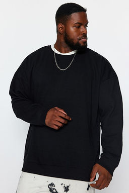 Siyah B_y_k Beden Bisiklet Yaka Oversize/Geni_ Kesim S_rt Bask_ __i Polar Sweatshirt TMNAW24AO00004 - Trendyolmilla фото 2