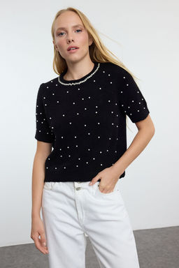 Siyah Yunlu Inci ve Tas Islemeli Triko Kazak TWOAW25KZ00127