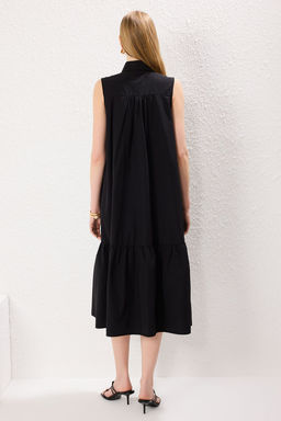 Siyah Duz Kesim Dugme Detayl? Midi Dokuma Gomlek Elbise TWOSS25EL00439