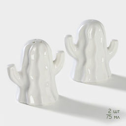 Набор для специй BellaTenero Кактусы, солонка 75 мл, перечница 75 мл, на бамбуковой подставке, фарфор, белый  фото 3