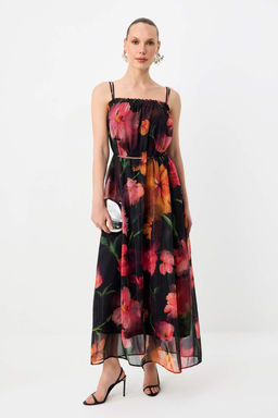 Cok Renkli Cicek Desenli Maxi Sifon Dokuma Elbise TPRSS26EL00082
