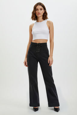 Siyah Kusgozu Baglama Detayl? Yuksek Bel Flare Jeans TWOSS25JE00005 - Trendyolmilla фото 4