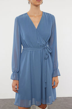 Indigo Kusakl? Duz Mini Kusakl? Kruvaze Dokuma Elbise TWOAW20EL0789