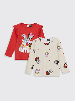 Bisiklet Yaka Uzun Kol Minnie Mouse Bask?l? Pamuklu K?z Bebek Ti??rt 2li