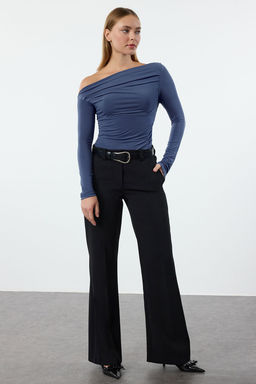 Indigo Buzgu/Drape Detayl? Fitted/Vucuda Oturan Uzun Kollu Esnek Orme Bluz TWOAW25BZ00248