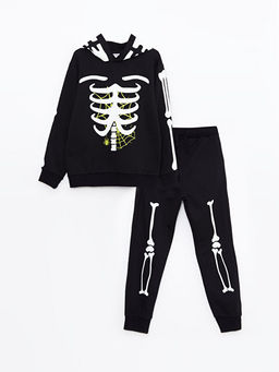 Kap??onlu Bask?l? Uzun Kollu Erkek ?ocuk Sweatshirt ve E?ofman Alt?