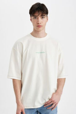 Loose Fit Bisiklet Yaka S?rt Bask?l? K?sa Kollu Tisort