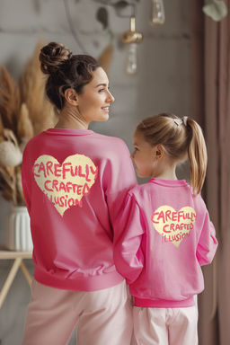 Pembe K?z Cocuk Anne-K?z S?rt Bask?l? Orme Mini Me Sweatshirt TKDAW25SW00053