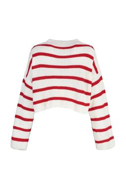 Ekru Crop Basic Cizgili Genis Kal?p Triko Kazak TWOAW23KZ00390