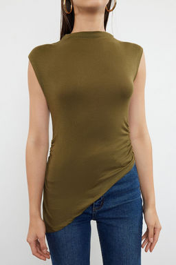 Haki Dik Yaka Buzgu/Drape Detayl? Fitted/Vucuda Oturan Asimetrik Orme Bluz TWOSS24BZ00534
