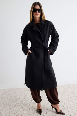 Siyah Oversize Geni_ Kesim Kemerli Uzun Y_nl_ Ka_e Kaban TWOAW22KB0015 - Trendyolmilla фото 2