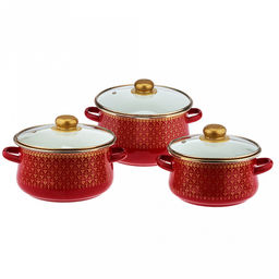 Набор эмалированных кастрюль "Ажурный" 3 предмета: 2л, 3л, 4л, цилиндрическая форма, стекляннеая крышка с пластмассовой ручкой, ободок из нержавеющей стали, бордовый (Россия)