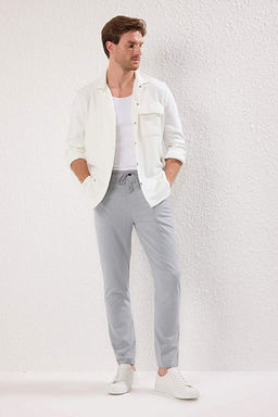 A__k Gri Slim Fit Beli Ba_lama Detayl_ Lastikli Kuma_ Dokuma Pantolon TMNAW25PL00027