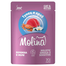 MOLINA SUPERPREMIUM Пауч с Тунцом и Крабом для котят и кошек, волокна в желе, 70г