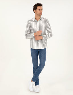 Gri Slim Fit _izgili Pamuk G_mlek