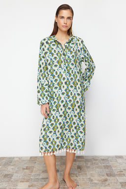 Geometrik Desenli Maxi Dokuma Puskullu Plaj Elbisesi TBESS24EL00105